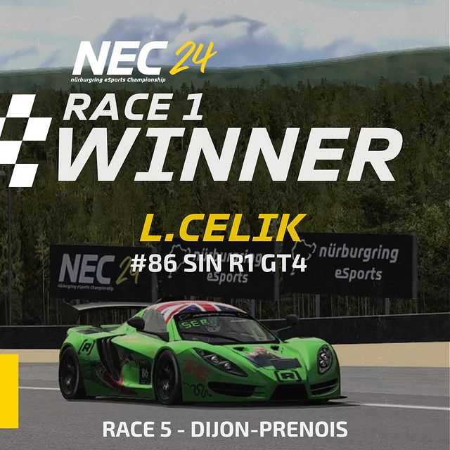 🏆 Congratulations to the #winners of Race 1 and Race 2 of the Nürburgring eSports - NEC 2024 at Dijon Prenois in the GT4 Class! 🏆

🚗 Levent Celik on SIN r1 GT4 from the Nürburgring eSports Lounge at Nürburgring took the victory in Race 1! 
🚗 Juli...