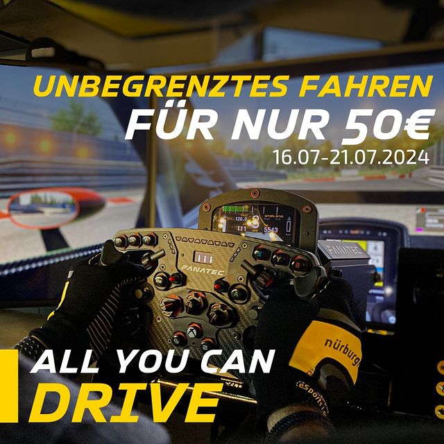 All You Can Drive Woche in Koblenz! 🏎️💨

Maximales Rennerlebnis vom 16.07. bis 21.07.2024 in unseren DR7 Full-Motion Simulatoren 🔥

#nuerburgringesports #allyoucandrive #koblenz #simracing