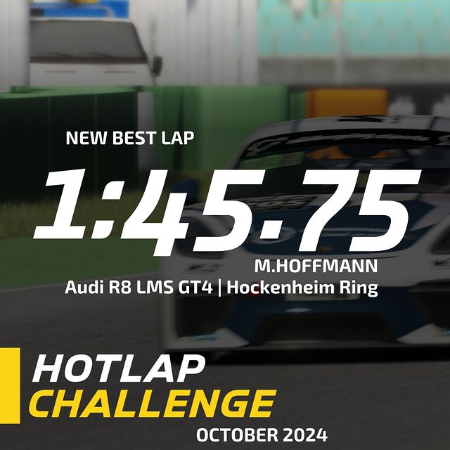 🔥🏁 NEW RECORD ALERT! 🏁🔥
Congratulations to M. Hoffmann for setting a blistering time of 1:45.75 in the Audi R8 LMS GT4 at the Hockenheim Ring! 💨 This October’s Hotlap Challenge just got even more intense!

Think you can beat this lap? Now’s your...